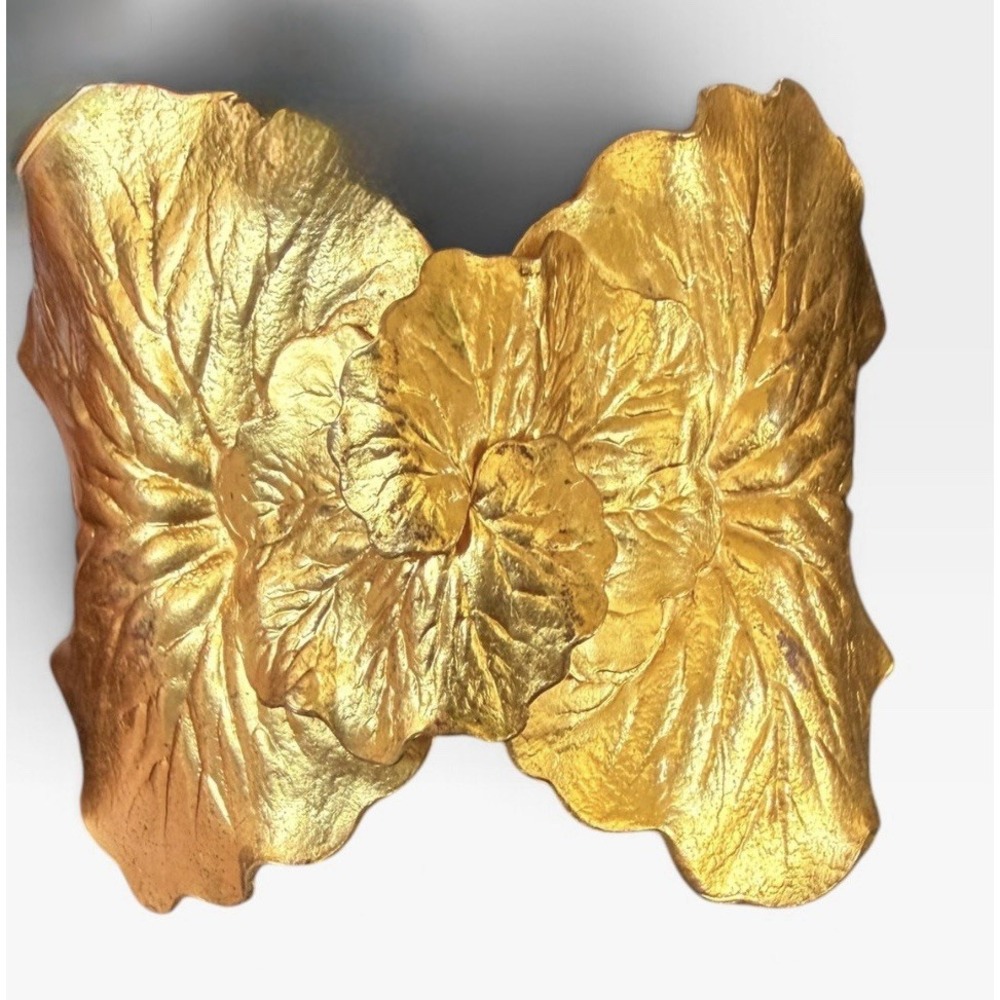 Vintage Gold Tone Statement Clamper Bracelet Textured Leaf Floral Hinged Cuff
